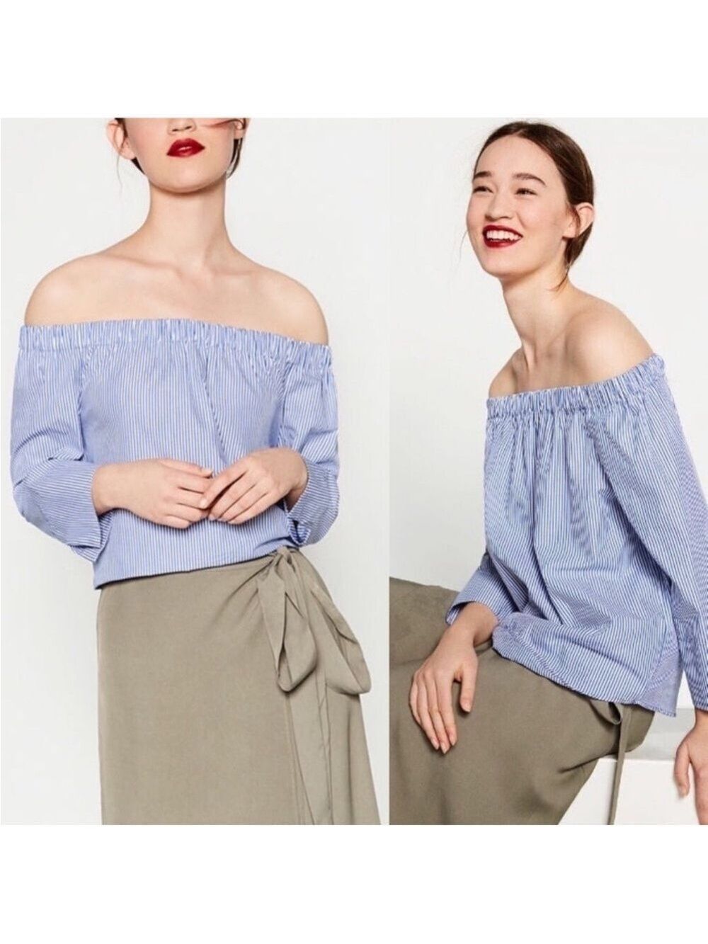 Zara Woman Blue Pinstripe Off the Shoulder Poplin Blouse, Size S